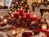 Weihnachtstisch mit roten Stumpenkerzen, Samtband und goldenen Kugeln