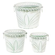 Artikel Blech-Kübel mit Prägung, Pflanzgefäß mit Henkeln Weiß, Grün Shabby Chic H22/19,5/17,5cm Ø25,5/20,5/15,5cm 3er-Set