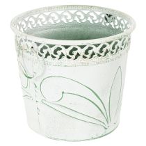 Artikel Blech-Kübel mit Prägung, Pflanzgefäß mit Henkeln Weiß, Grün Shabby Chic H22/19,5/17,5cm Ø25,5/20,5/15,5cm 3er-Set