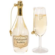 Artikel Sektflasche und Sektglas Anhänger-Set Weihnachtsbaum-Dekoration 14cm 2St