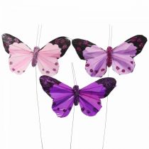 Deko-Schmetterling am Draht Federschmetterlinge Lila/Rosa 9,5cm 12St