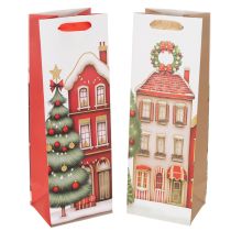 Artikel Geschenktasche Flasche Weihnachten Haus und Tannenbaum 36cm 2St