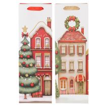 Artikel Geschenktasche Flasche Weihnachten Haus und Tannenbaum 36cm 2St