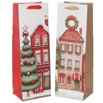 Artikel Geschenktasche Flasche Weihnachten Haus und Tannenbaum 36cm 2St