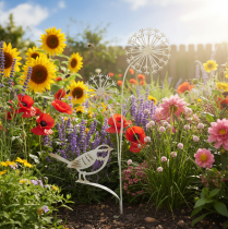 Artikel Blumenstecker Metall Deko Allium Vogel Weiß 20×52cm