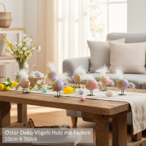 Artikel Deko Vogel Holz mit Federn und buntem Körper für Tischdekoration 10cm 6St