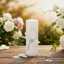 Artikel Festliche Hochzeitskerze mit stilvollem Herz-Design, Silberverzierungen und Organza-Band – Ideal für Hochzeit und Silberhochzeit, 240/80mm