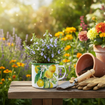 Artikel Pflanztasse aus Emaille, Deko-Tasse mit Zitronenzweig, Übertopf mediterran Ø9,5cm H10cm