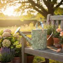 Artikel Metall Gießkanne Vintage Look Grün Silber mit Blumenmuster - Dekorative Pflanzkanne Ø18cm