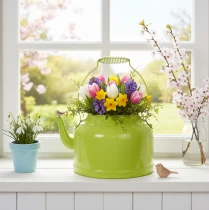 Artikel Deko-Teekanne Metall Apfelgrün - Blumen-Übertopf - Ø20cm H15cm - Vielseitige Gartendeko und Geschenkidee