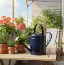 Artikel Deko Gießkanne Vintage Blau Gold Karo Metall Retro-Design für Innenraum Gartenbalkon 65cm