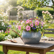 Artikel Metall Dekokanne Vintage Landhausstil, Gartendeko Gießkanne zum Bepflanzen, Silber Kupfer L41cm Ø26cm H30cm