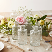 Artikel Mini Glasvase mit Rautenmuster Kleine Tischvase Flasche transparent 9cm 6St