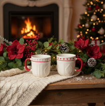 Artikel Kaffeetasse mit rotem Henkel Strickmuster und Herz Dekor Keramik 9cm 2St