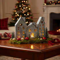 Artikel Fensterdeko Weihnachten, Windlicht, Diorama Hausreihe, Metalldeko Silbern Shabby Chic L20cm H20cm