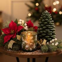 Artikel Glas Windlicht mit winterlichem Tannenzweig 8cm 2St