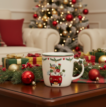 Artikel Becher Keramik Weihnachtsmotiv Auto mit Geschenken 9cm