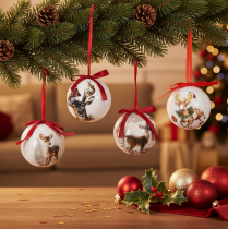 Artikel Weihnachtskugel mit Hirschmotiv und Band zum Aufhängen 7cm 4St