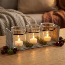 Artikel Rustikale Glasbehälter-Set im grau-weißen Holzständer – 27,5x9x11 cm – Vielseitige Aufbewahrungs- und Dekolösung