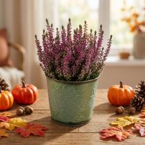 Artikel Pflanzgefäß für den Herbst, Übertopf mit Blattdekor, Metalleimer Grün Ø14cm H12,5cm