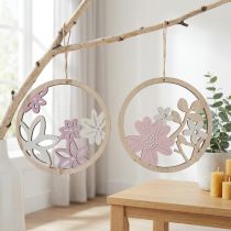 Artikel Dekohänger Holz Blumen Natur Weiß Lila Glitter Ø12cm 6 St