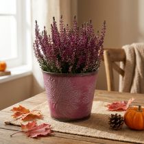 Artikel Pflanztopf mit Blattdeko, Herbstdeko, Metallübertopf Weinrot Ø16,5cm H14,5cm