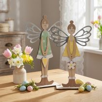 Artikel Deko-Elfe, Frühlingsdeko, Fee zum Stellen, Holzdeko Grün, Gelb H34cm 2er-Set