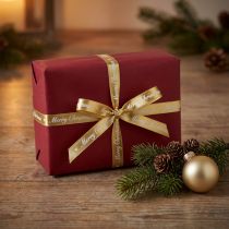 Artikel Weihnachtsband Merry Christmas Band Weiß Gold 10mm 20m
