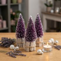Artikel Deko-Tannenbaum in Lila mit Schneespitze auf rustikalem Holzfuß 15cm 3St.