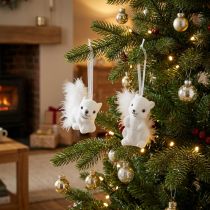 Artikel Weiße Eichhörnchen 6 cm-Anhänger mit Glitzer und Federdetail – Perfekt für festliche Weihnachtsbaumdekoration – 2St
