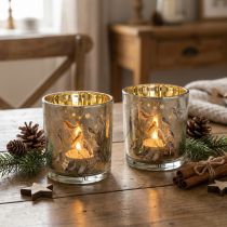 Artikel Windlicht Glas mit Vogel und Schneeflocken Motiv 8cm 2St