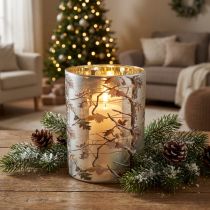 Artikel Windlicht Winterwald Glas mit Zweigdesign Innenseite Gold 12cm
