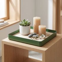 Artikel Deko Tablett Metall quadratisch Grün Holzboden 25,5×25,5cm