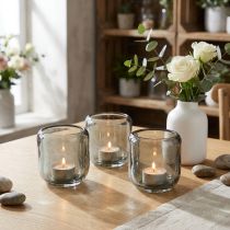 Artikel Teelichthalter Glas in Grau Rillen Dekor 8cm 6 St