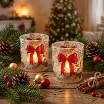 Artikel Windlicht Glas mit Weihnachtszweigen und roter Schleife 8cm 2St