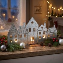 Artikel Weihnachtsdeko Häuser, Teelichthalter Metall Silbern 25cm
