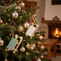 Artikel Deko Schlitten Holz zum Hängen Mint Grün Weiß 9,5cm 6St