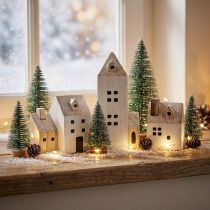 Artikel Mini Weihnachtsdorf Holz Deko Weiß Natur H13/7cm 6 St