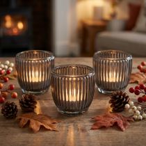 Artikel Windlicht aus Glas in Grau Herbst Winter Ø7cm H7cm 6 St