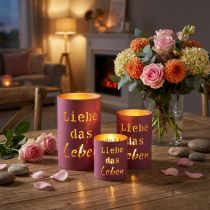 Artikel Windlicht „Liebe das Leben“ Fuchsia Gold Ø13/10,5/9cm Set 3St