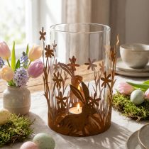 Artikel Windlicht mit Hasen, Frühlingsdeko, Metalldeko mit Blumen, Ostern Edelrost Ø11,5cm H18cm