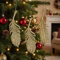 Artikel Deko-Federn, Baumschmuck mit Glitter, Adventsdeko, Federn zum Hängen Golden L22cm 12St