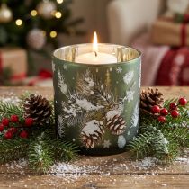 Artikel Windlicht Glas Tannenzapfen und Schneeflocken 15cm