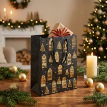 Artikel Weihnachtstüte Schwarz/Gold Tannen Häuser 18x10x23cm 2St
