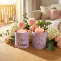 Artikel Windlicht „Liebe das Leben“ Violett Pastell Ø9cm H10cm 4St