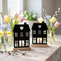 Artikel Windlicht Haus Metall Schwarz mit Holz Sockel H15cm 2St