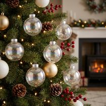 Artikel Weihnachtskugel aus Glas – perlmuttklar mit irisierendem Effekt & Metallaufhänger 5cm 24St
