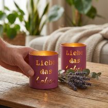Artikel Windlicht Metall „Liebe das Leben“ Fuchsia Gold Ø9cm H10cm 4St