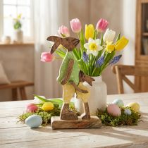 Artikel Osterhase mit Kind, Frühlingsdeko aus Holz, Hasenvater, Ostern Natur, Grün, Gelb H22cm