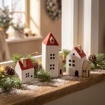 Artikel Deko Holzhaus Set Rotweiß mehrteilig Winterdeko 13cm 6St